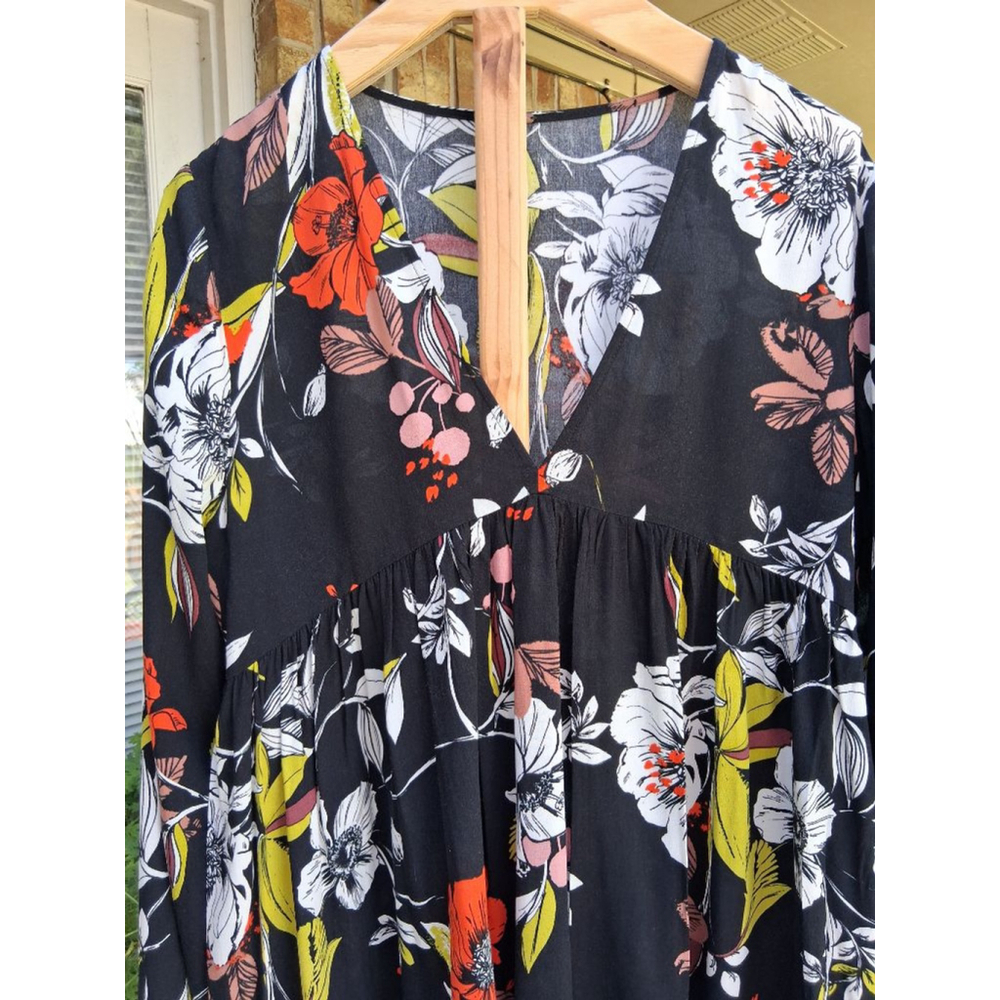 Free People Black Floral Babydoll Tunic Dress M Boho V Neck Flowy Mini Festival - Picture 3 of 16